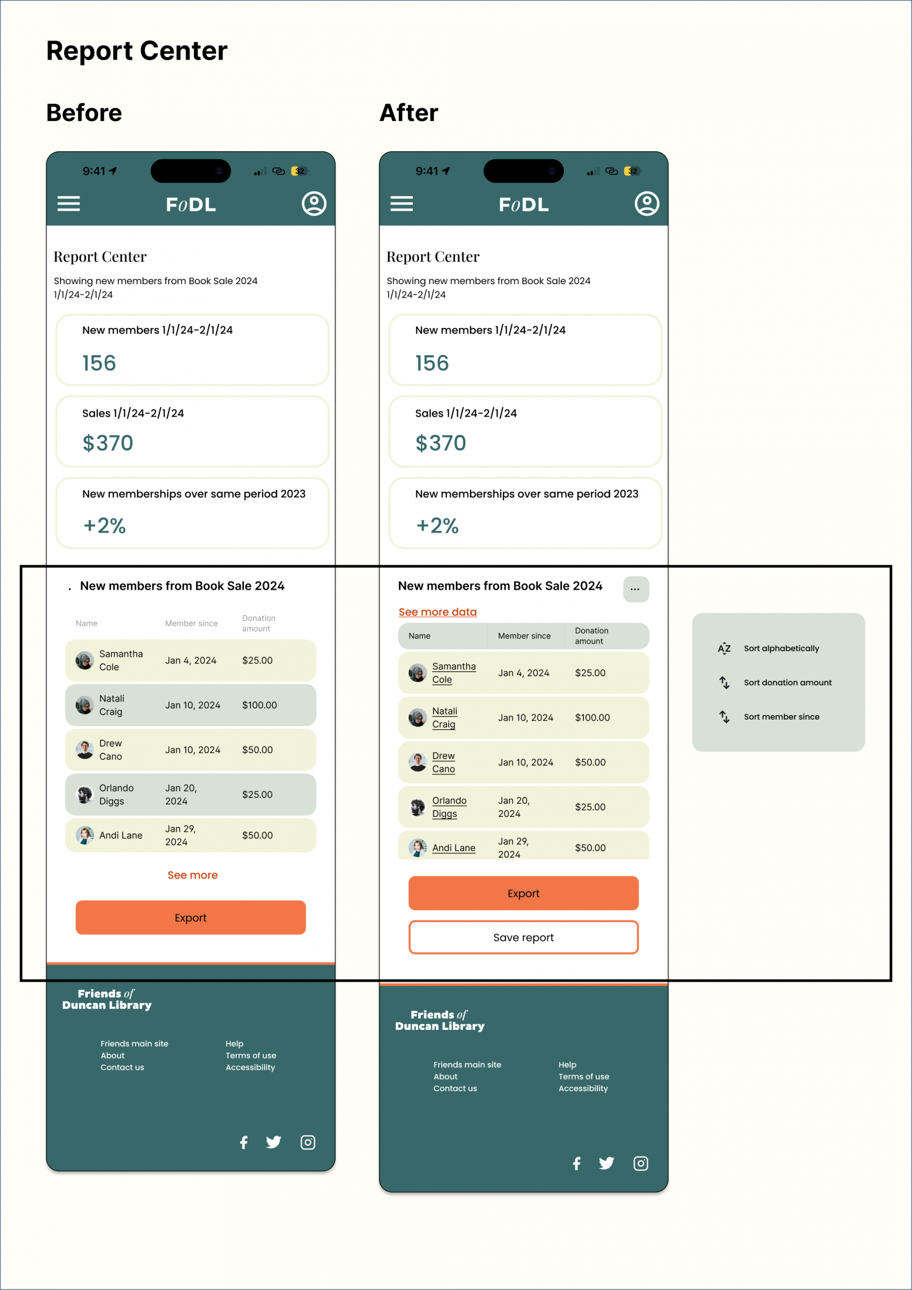 Report Center mobile before after
