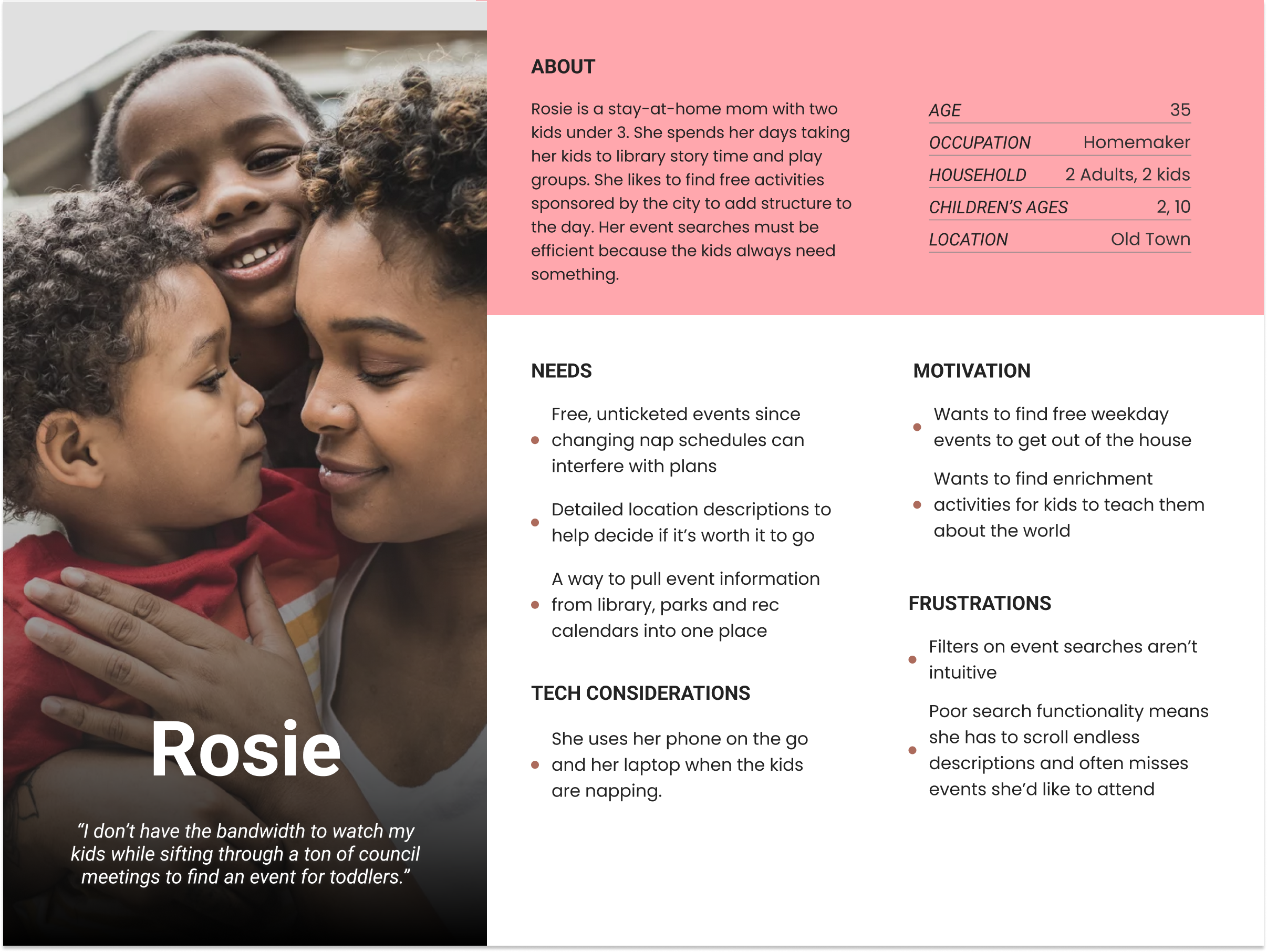 Persona card for Rosie, a mom who needs a tool to help her find family-friendly events.