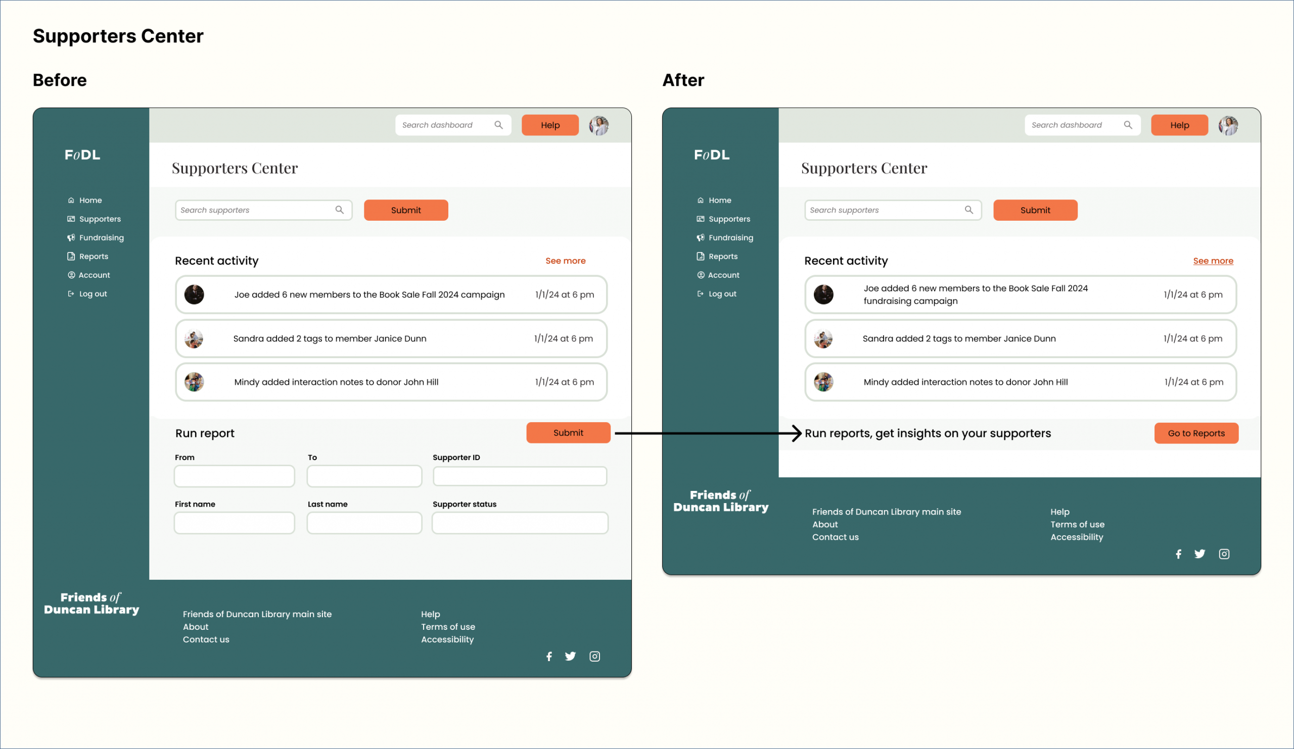 Before and after views of the Supporters Center desktop page.