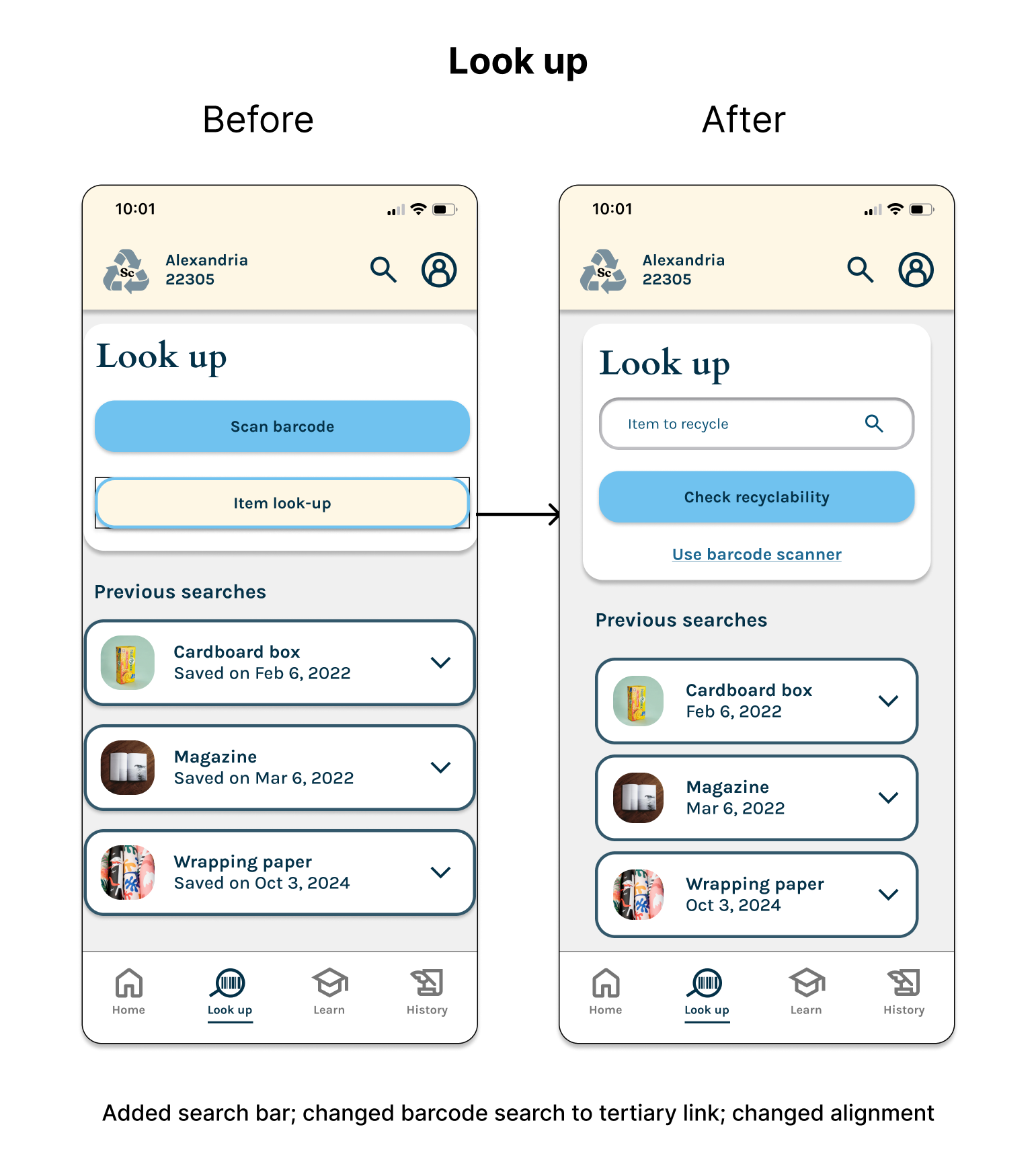 Before and after of the item look-up screen