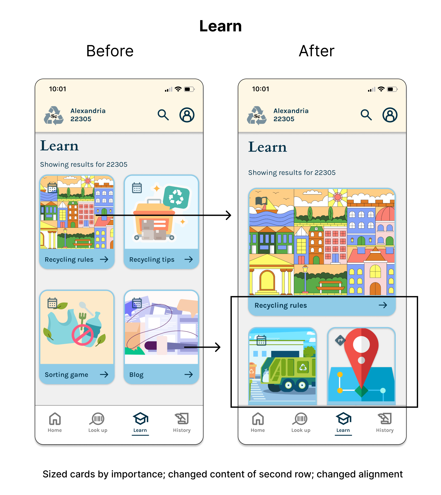 Before and after of the Learn screen