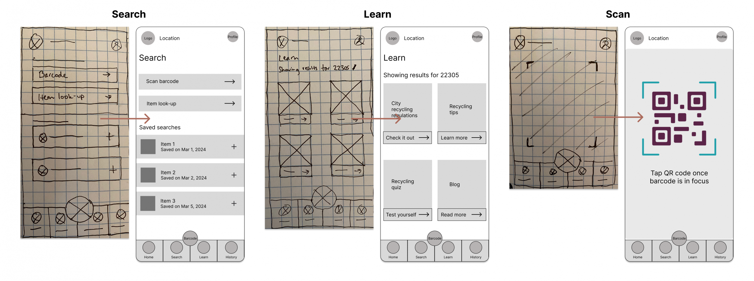 Three different screens at the sketch and low-fidelity stages.