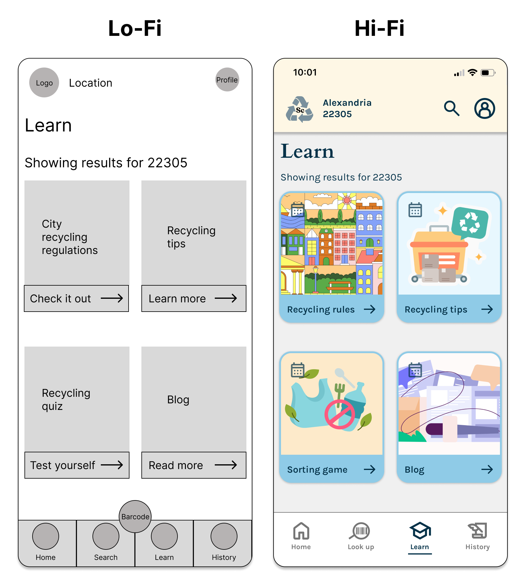 Low and high-fidelity screens of the Learn feature
