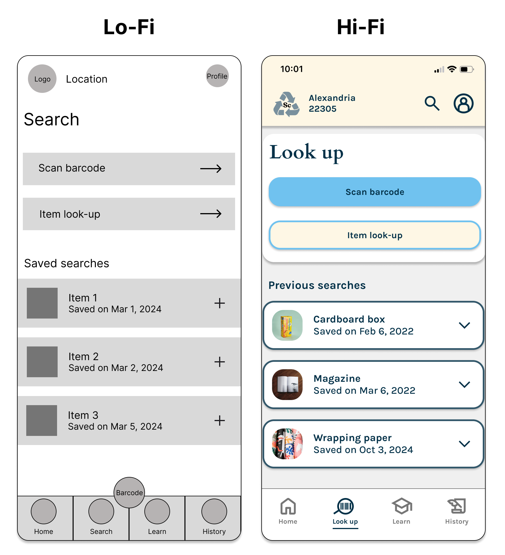 Low and high-fidelity screens of the look up feature