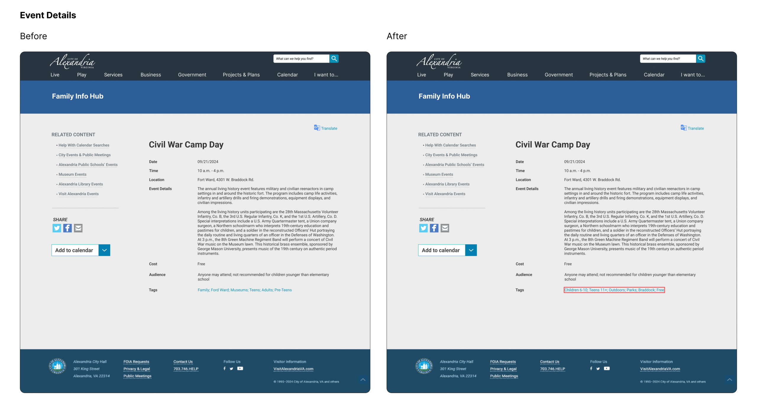 Before and after views of event details