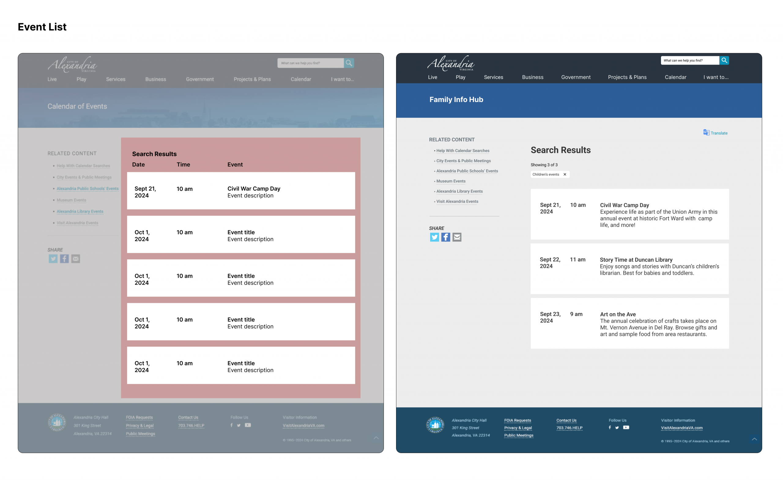 Event list mock-ups at low and hi fidelity