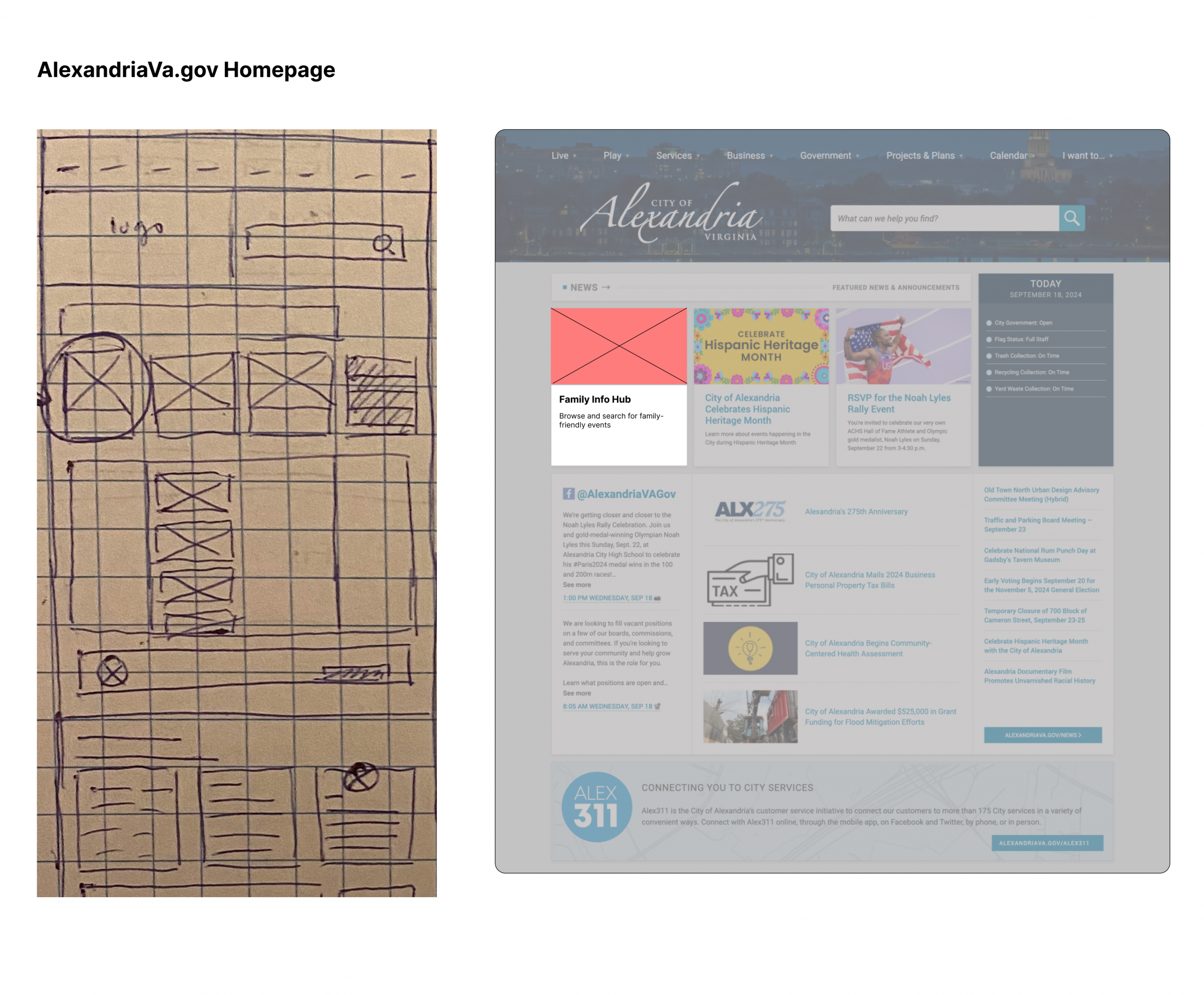 Homepage sketch and wireframe