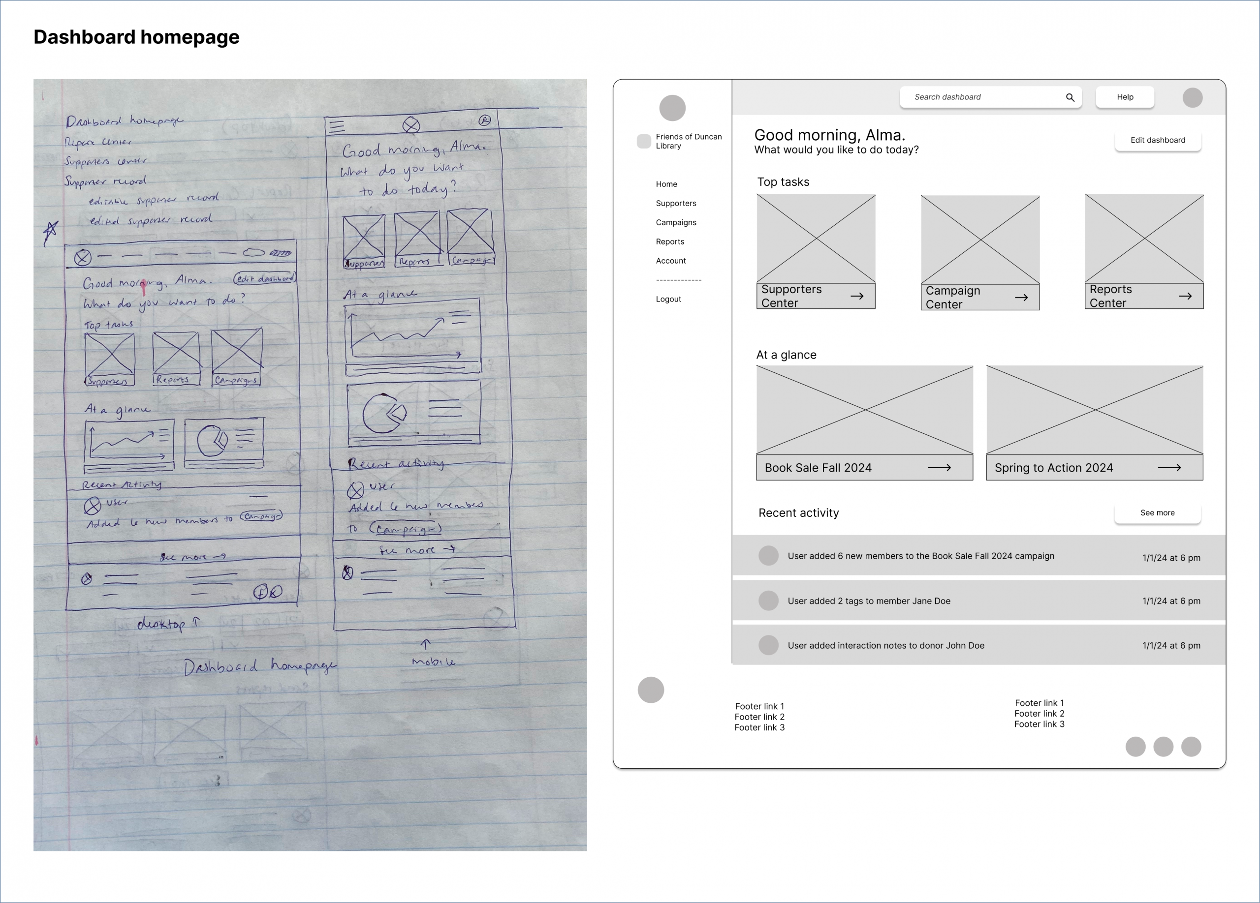 Sketch and wireframe of Homepage