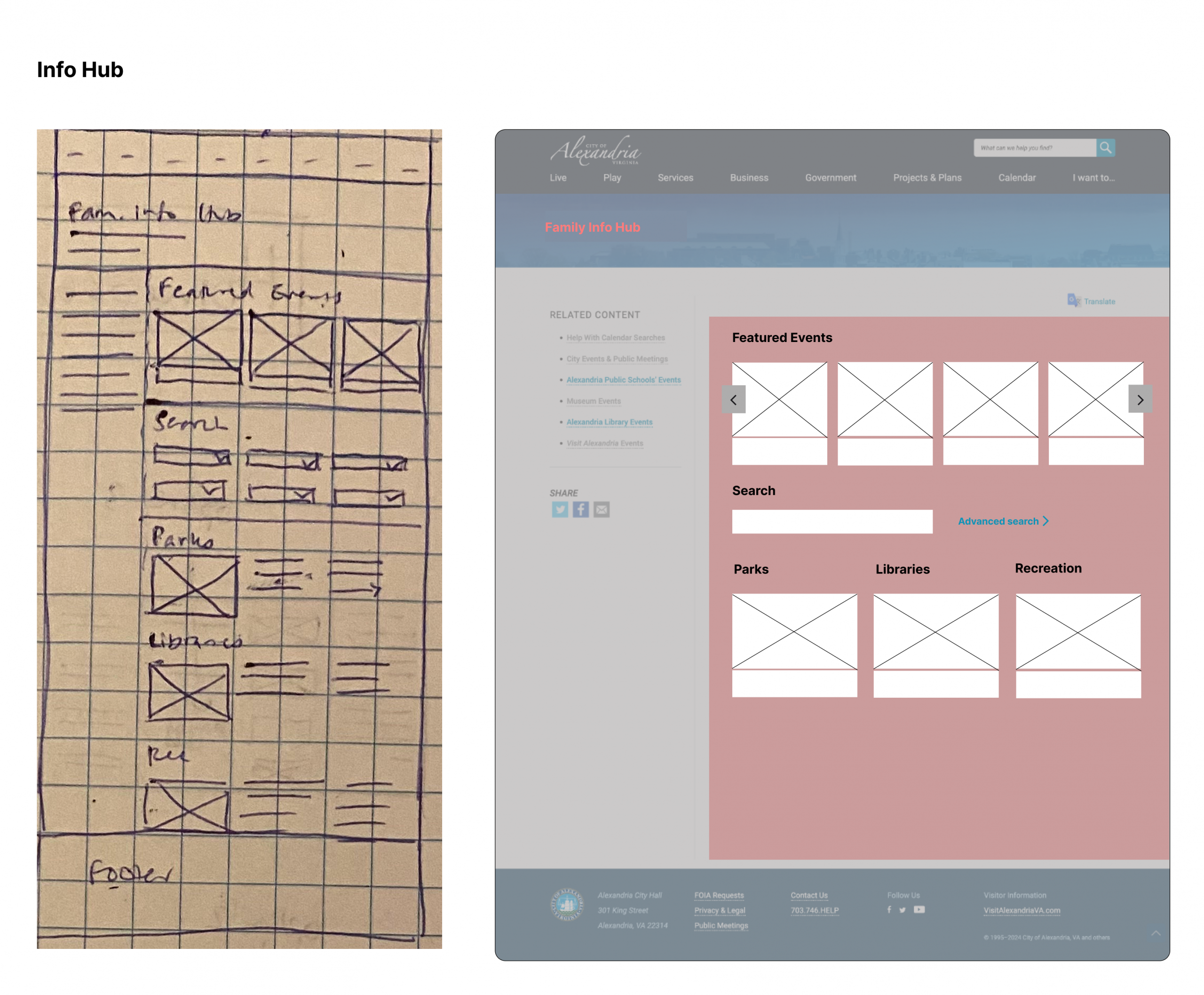 Info Hub sketch and wireframe