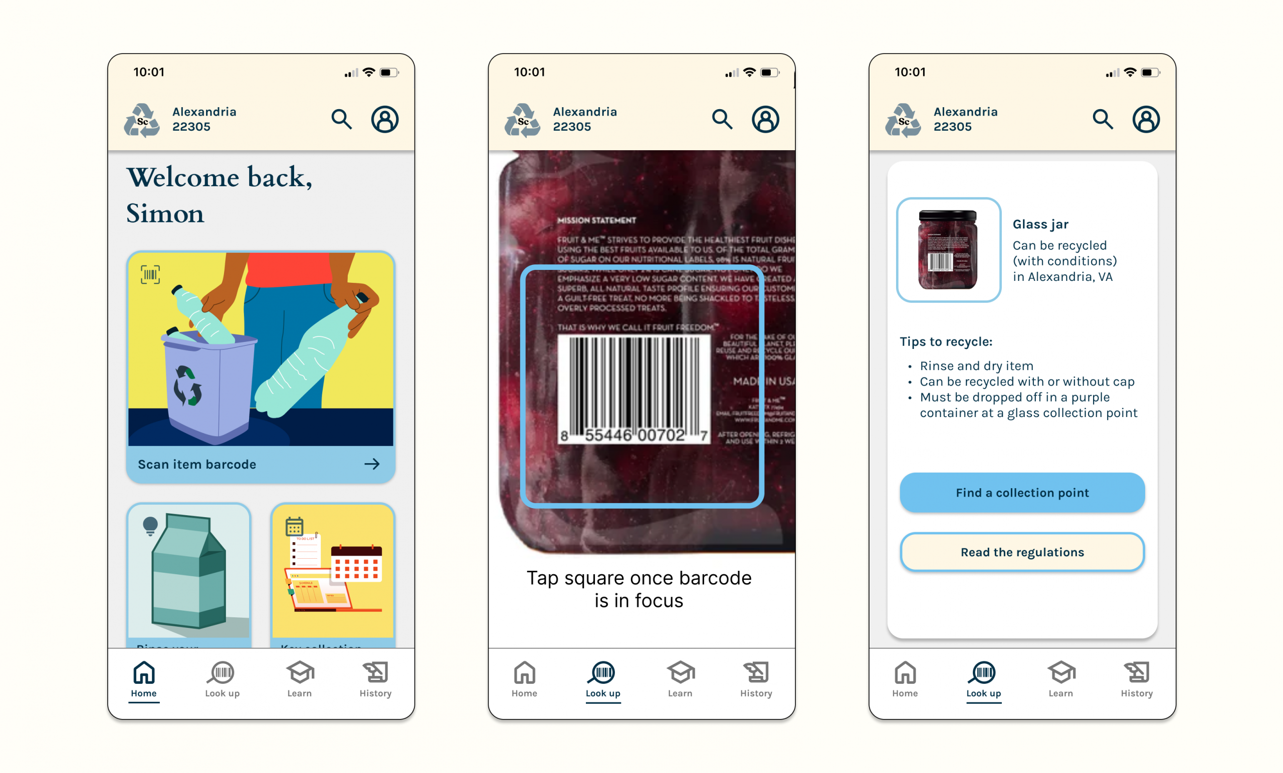 Different screens of recycling app
