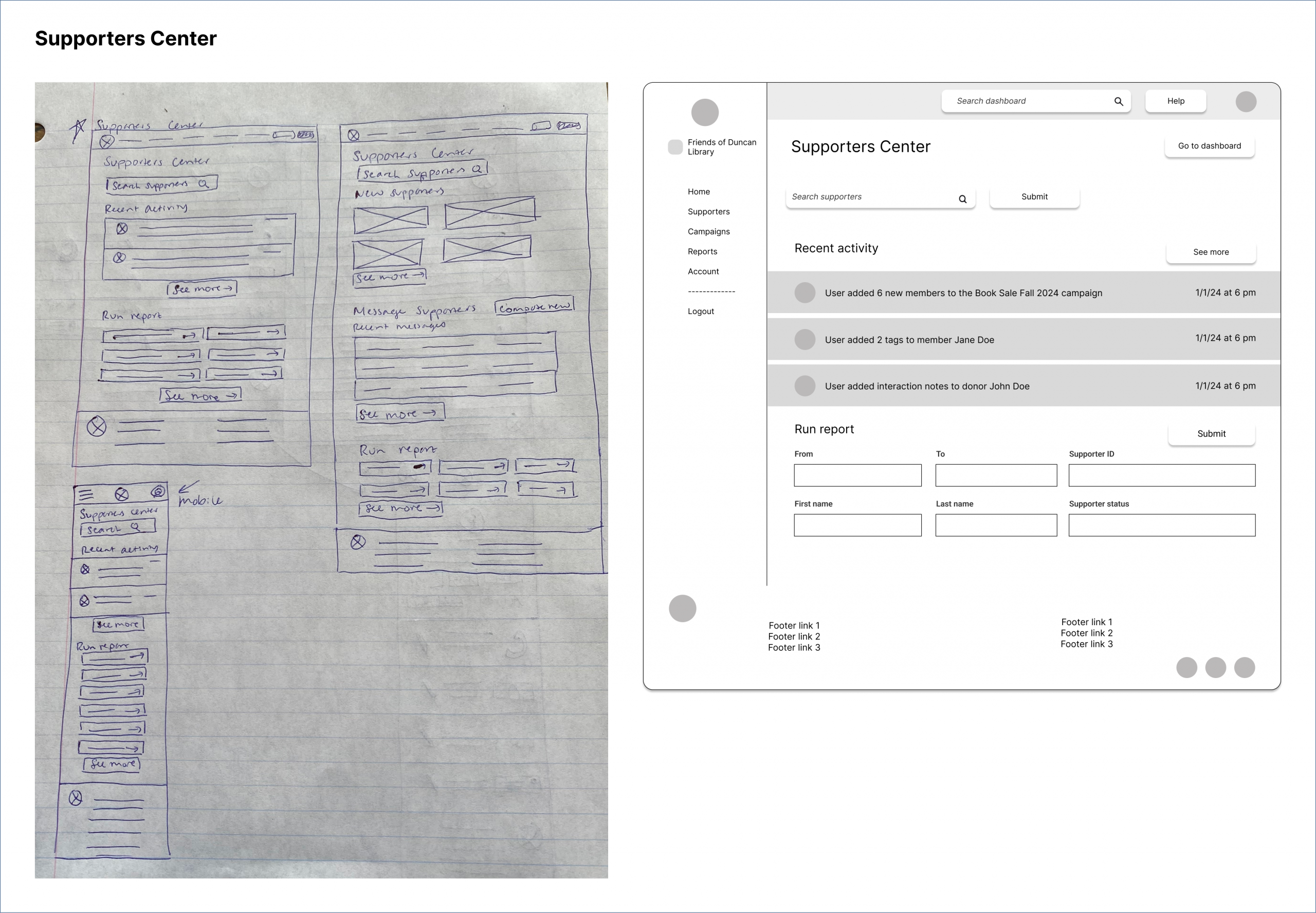 Sketch and wireframe of Supporters center