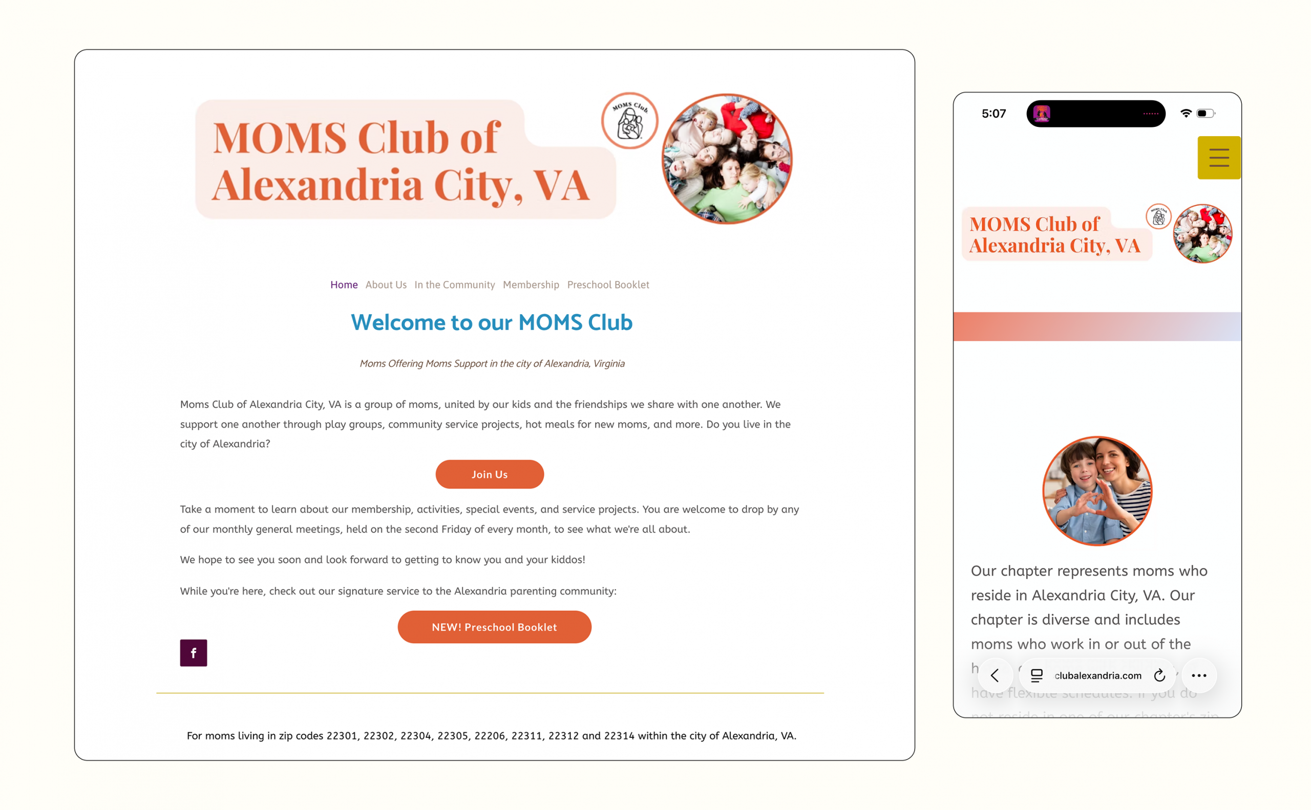 Desktop and mobile view of the Moms Club of Alexandria website