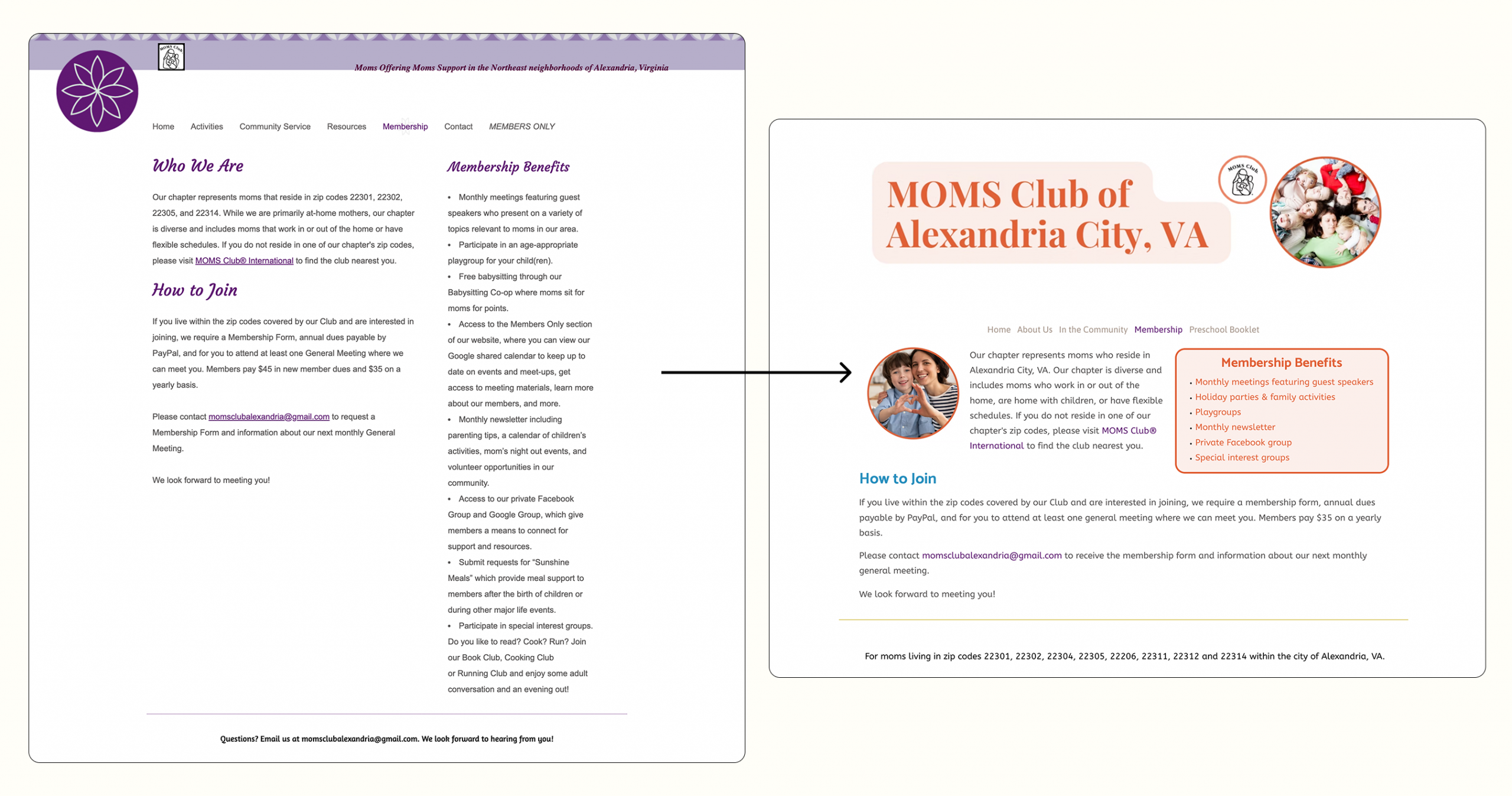 Old and new membership pages