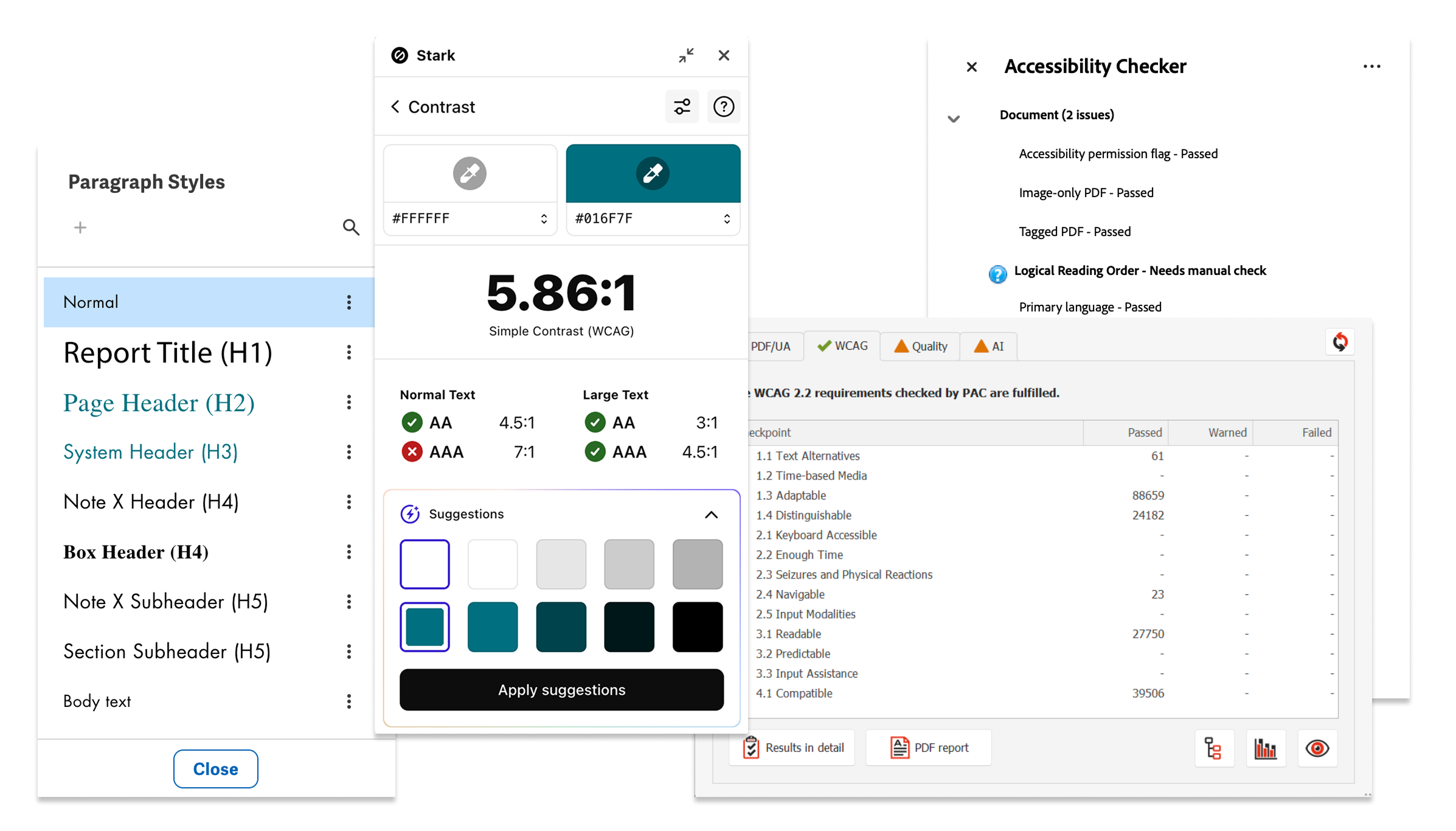 Collage of accessibility checkers showing different aspects of compliance